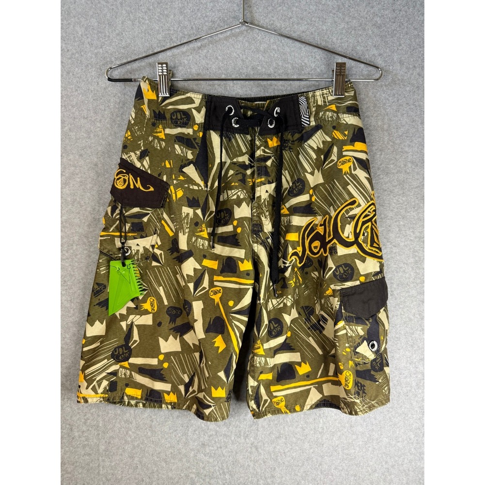 Volcom Board Shorts Mens 26 Green Yellow Graphic Print Cargo Swim Trunks Surf